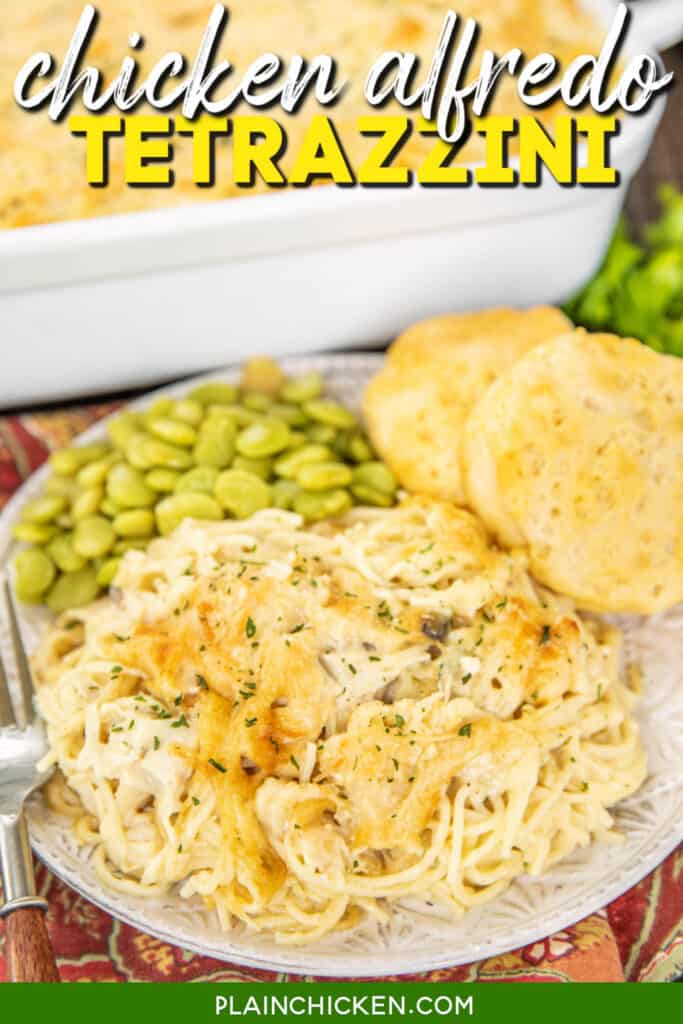 plate of chicken tetrazzini with peas and biscuits