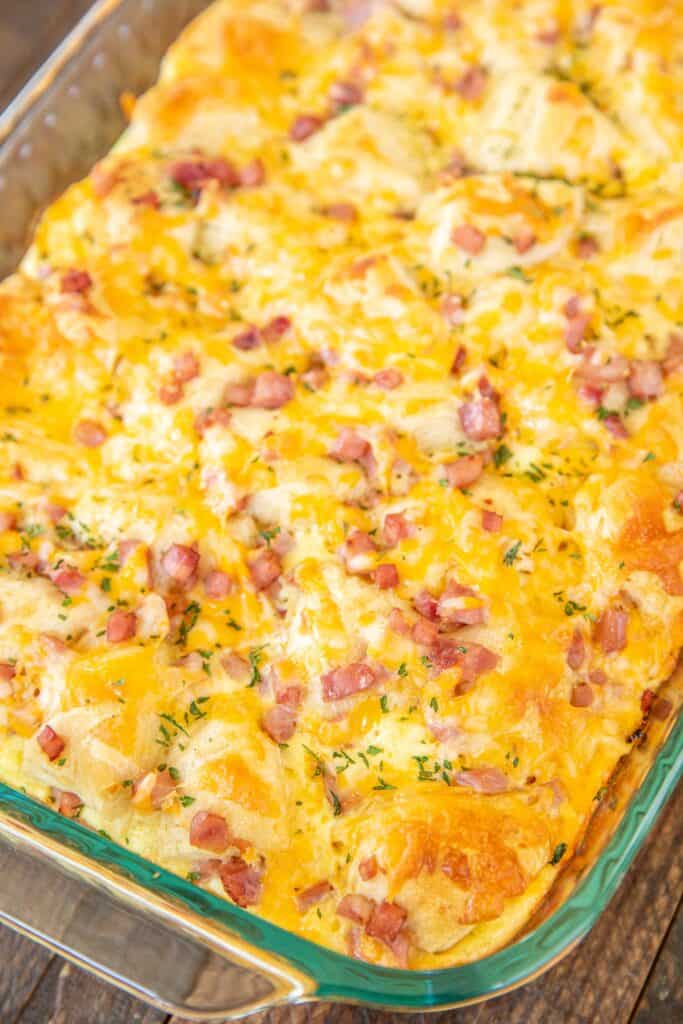 baking dish of ham and biscuit casserole