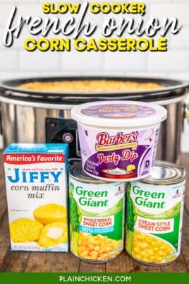 corn casserole ingredients in front of slow cooker