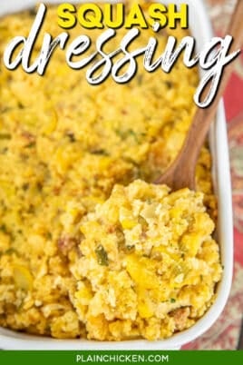 scooping squash casserole from baking dish