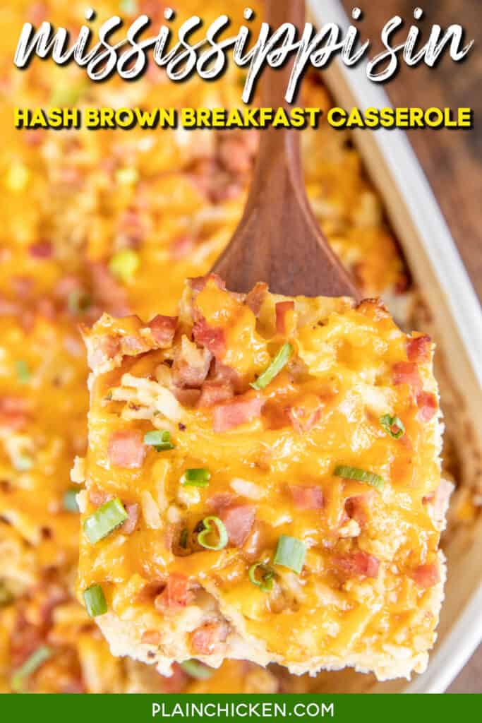 spatula of ham and cheese hash brown breakfast casserole