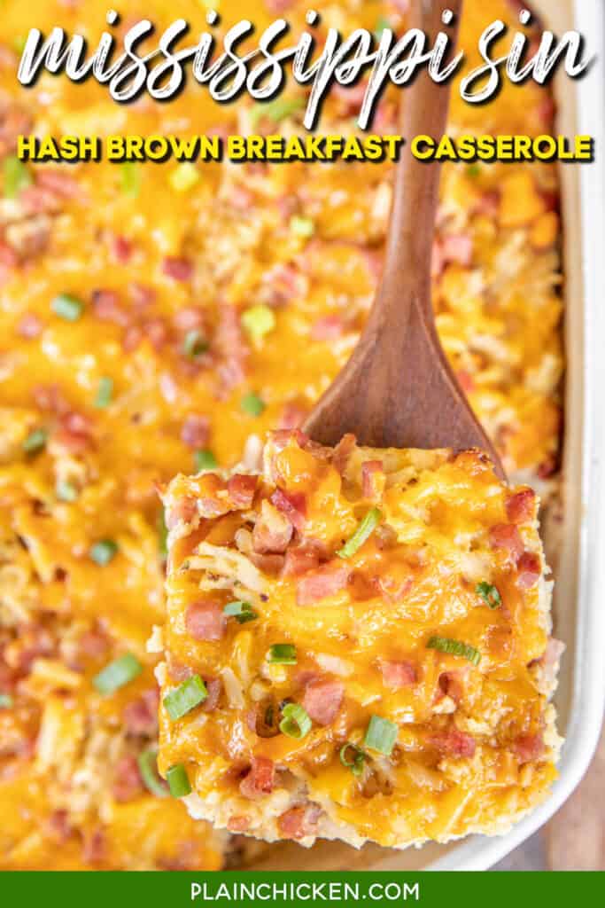 spatula of ham and cheese hash brown breakfast casserole