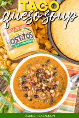 bowl of taco soup with cornbread and queso dip