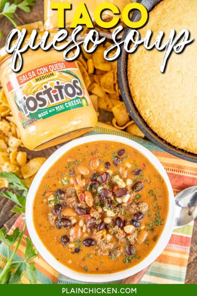 bowl of taco soup with cornbread and queso dip