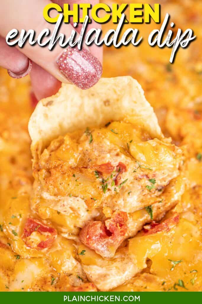 scooping chicken dip with a tortilla chip