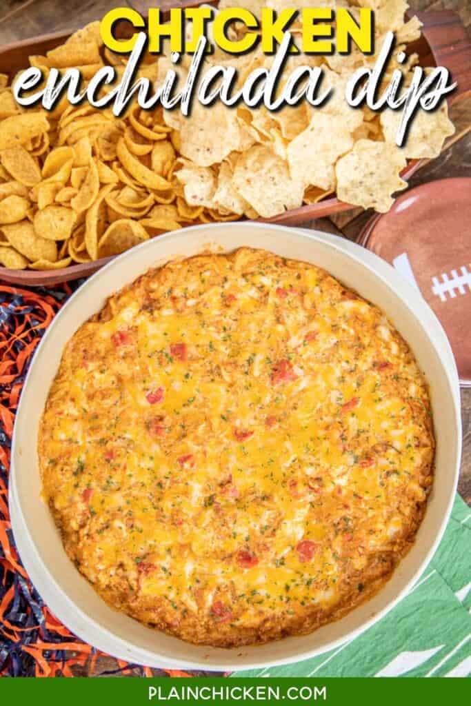 baking dish of chicken dip with chips in the background