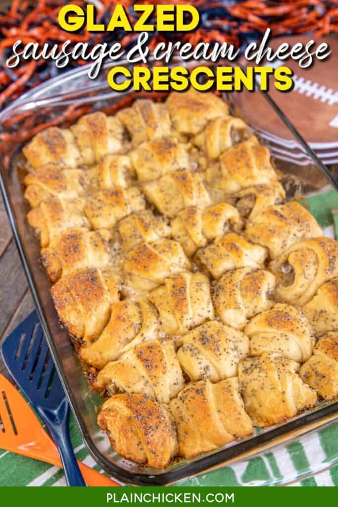 glazed sausage crescent rolls in a baking dish