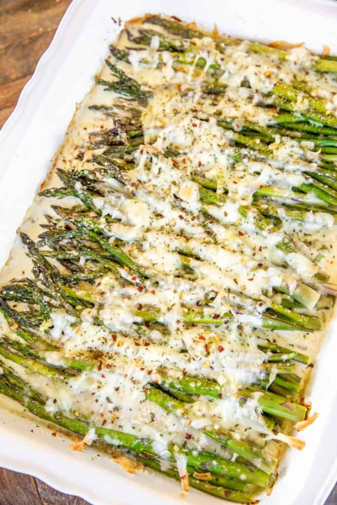 baking dish of cheesy asparagus