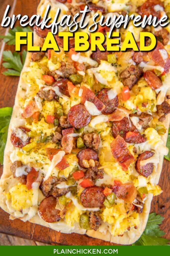 breakfast flatbread on a cutting board with text overlay