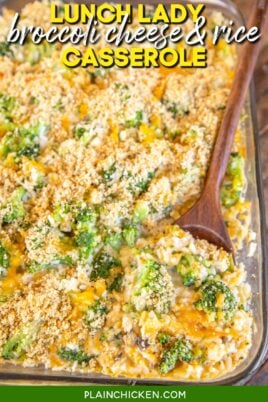 scooping broccoli rice casserole from baking dish with text overlay