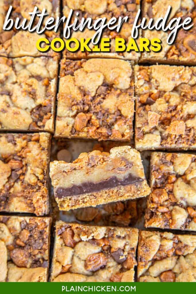 side view of a fudge cookie bar with text overlay