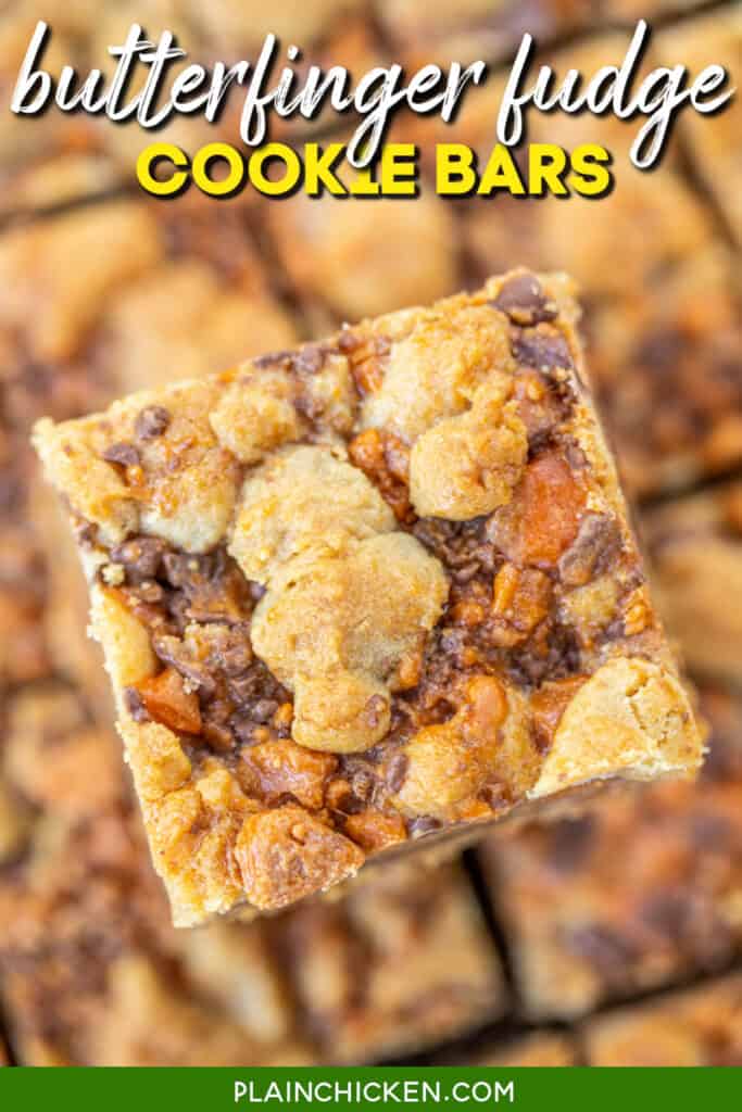 close up of cookie fudge bar with text overlay