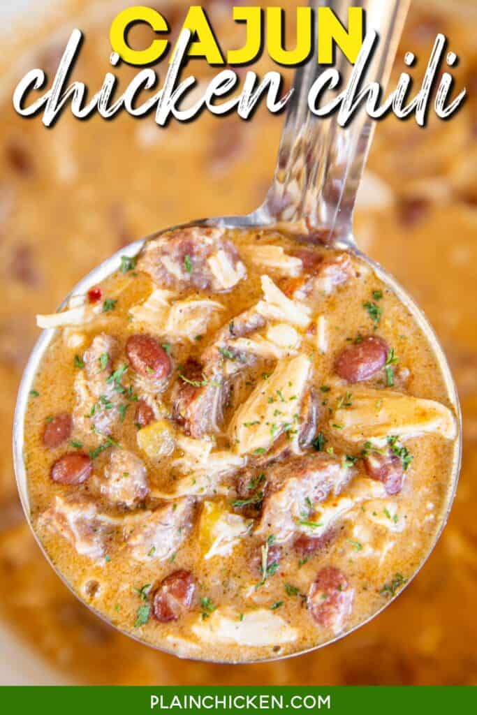 ladle of chicken chili with text overlay
