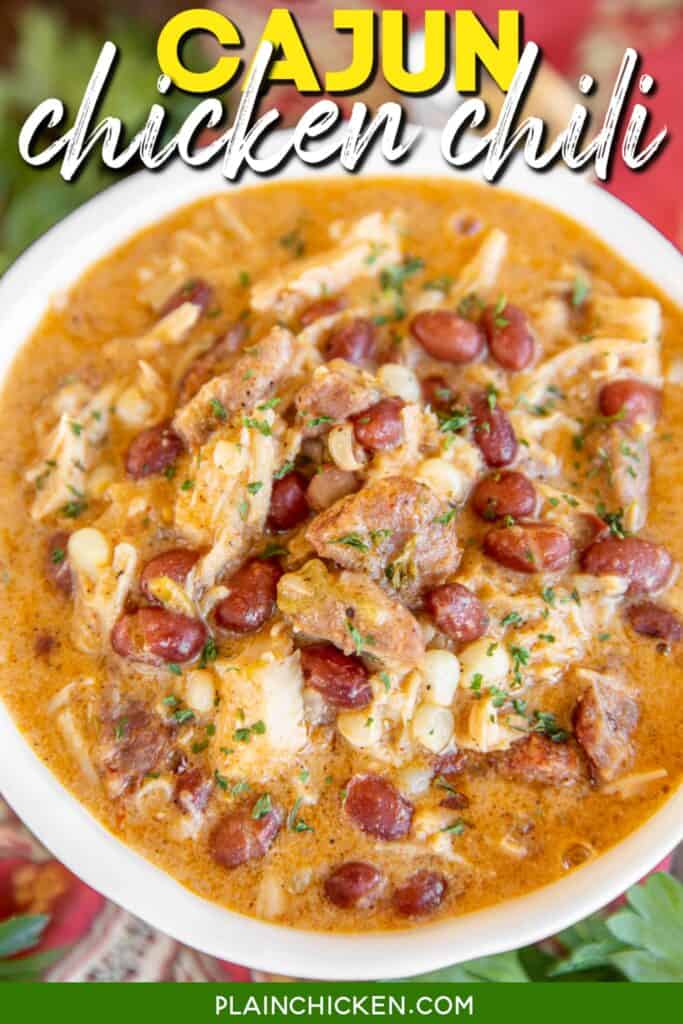 bowl of chicken chili with text overlay