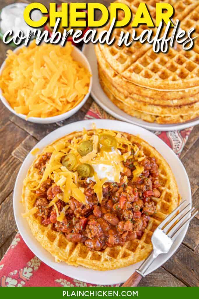 cornbread waffle topped with chili with text overlay