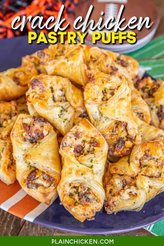 plate of crack chicken puff pastry bites with text overlay