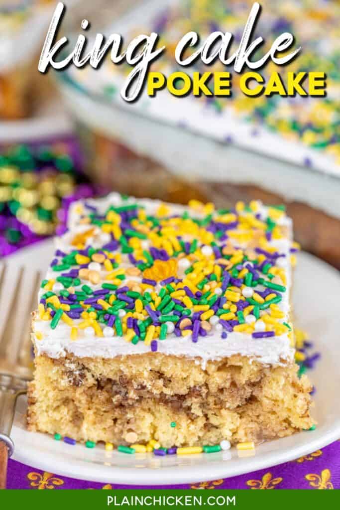 slice of poke cake topped with sprinkles with text overlay