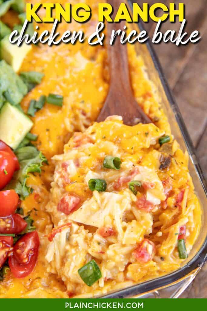 cheesy chicken and rice casserole topped with lettuce and tomatoes with text overlay