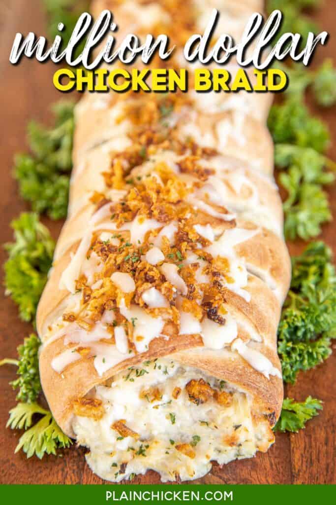 chicken braid topped with fried onions with text overlay