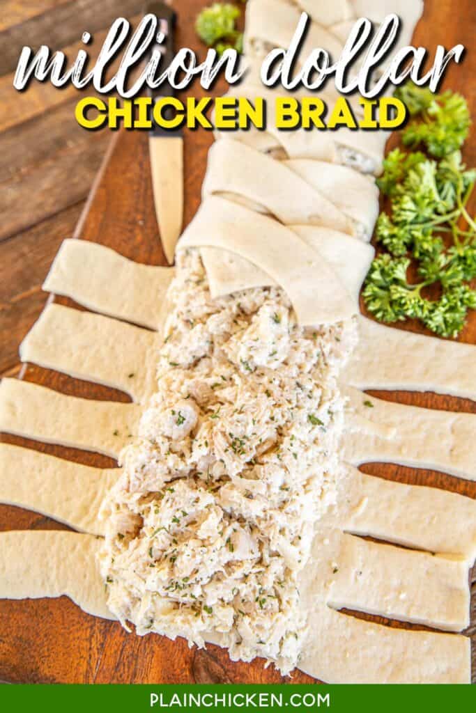 chicken filling on top of pizza dough with text overlay