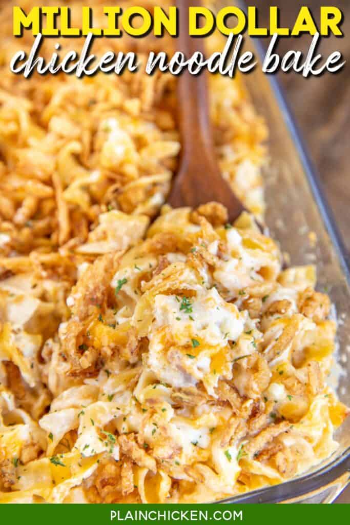 scooping chicken noodle casserole from baking dish with text overlay
