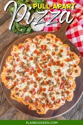 pull apart pizza on a pizza board with text overlay