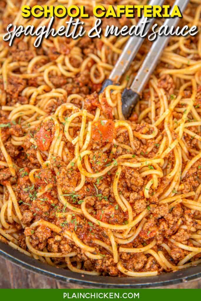 spaghetti & meat sauce in a skillet