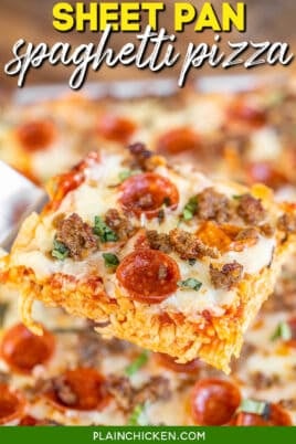 slice of baked spaghetti topped with pepperoni on a spatula with text overlay