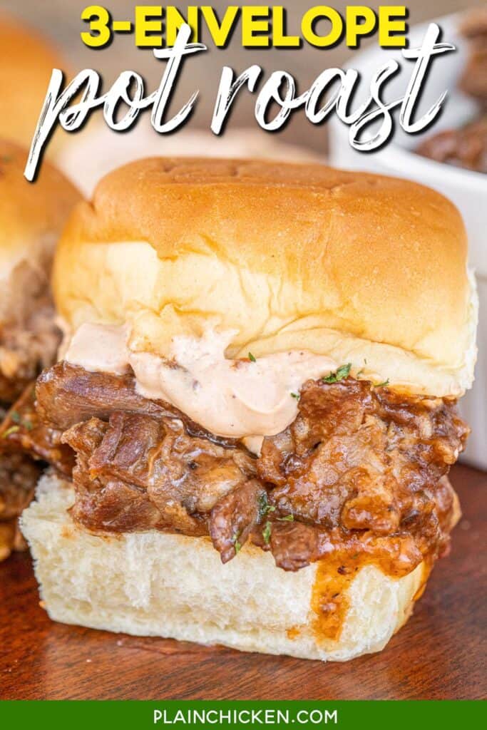 pot roast slider on a cutting board with text overlay
