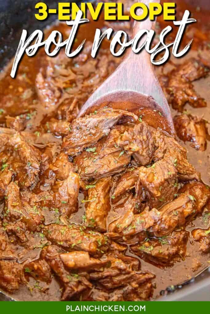 slow cooker of shredded three envelope pot roast with text overlay