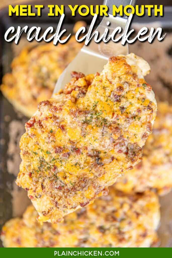 baked chicken on a spatula with text overlay