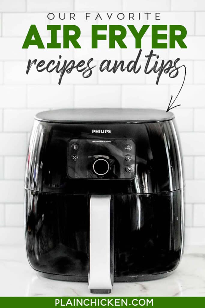 air fryer with text overlay