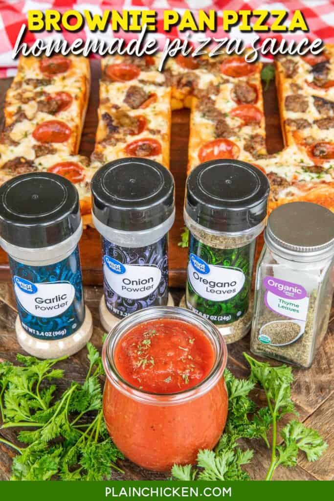 jar of homemade pizza sauce with ingredients and pizza in the background with text overlay