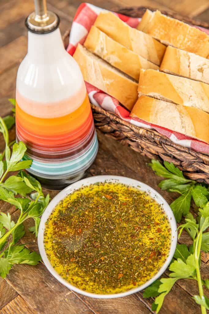 plate of olive oil dipping sauce with bread