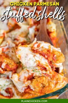 spooning chicken parmesan stuffed shells from baking dish with text overlay