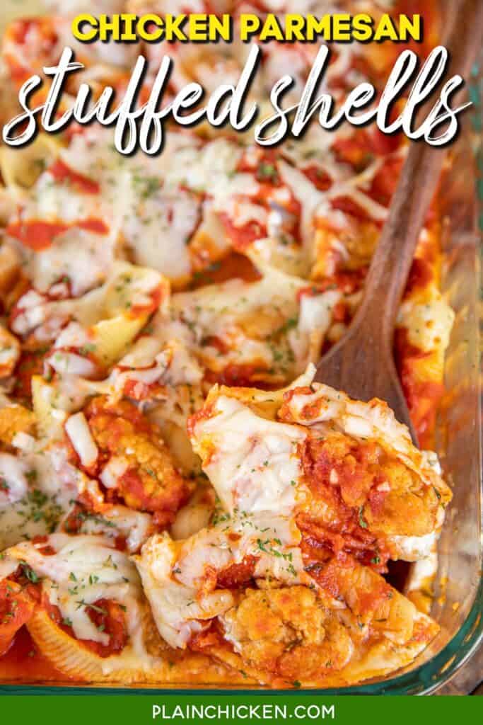 spooning stuffed shells from baking dish with text overlay