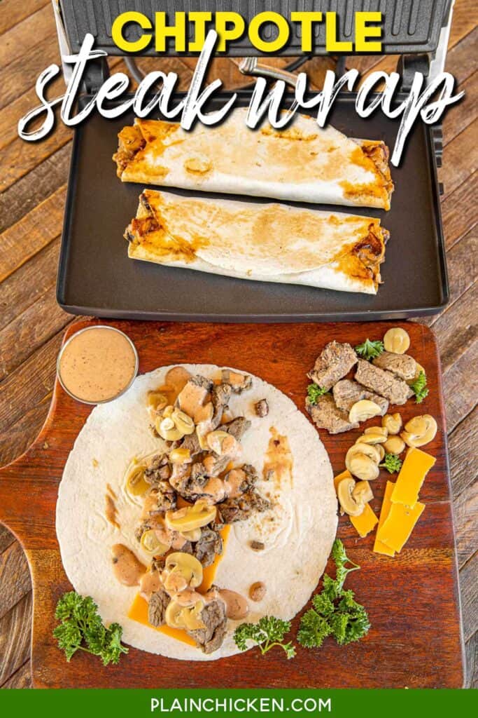 assembling steak tortilla wraps with text overlay