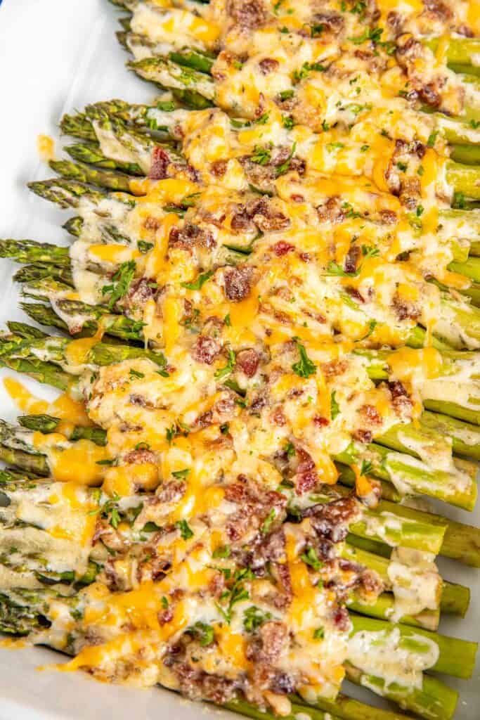 cheese and bacon asparagus in baking dish