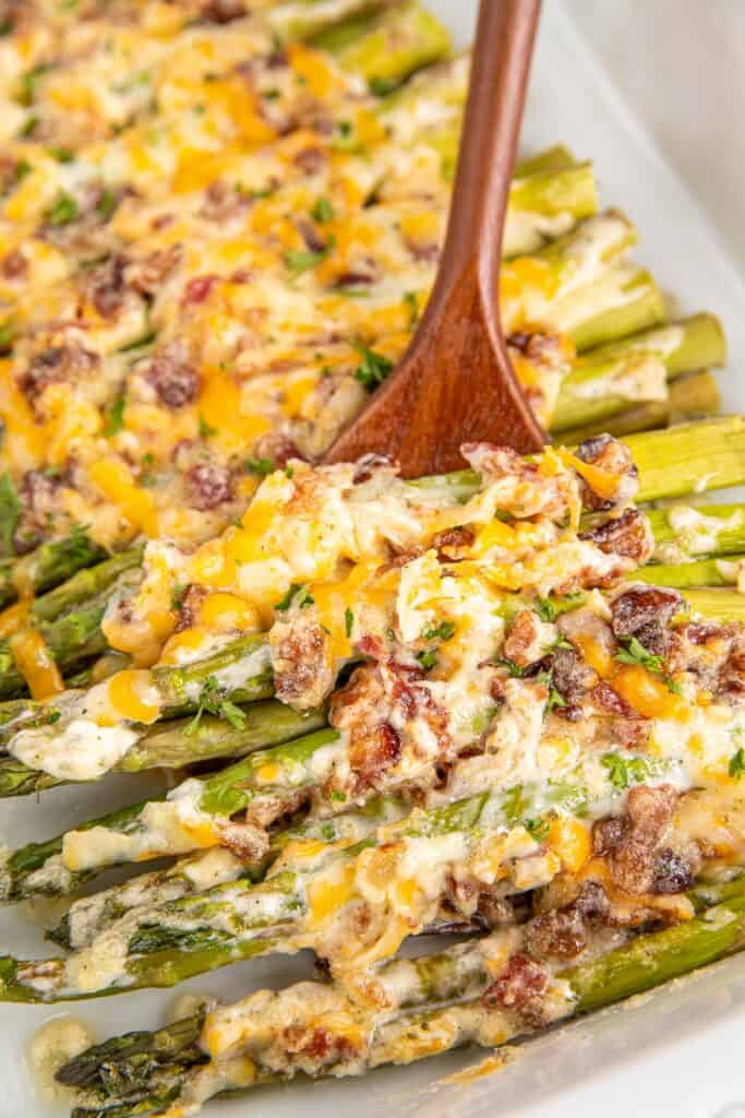 cheese and bacon asparagus in baking dish