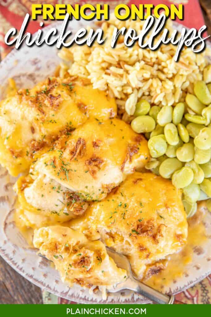 plate of chicken crescents with lima beans and rice with text overlay