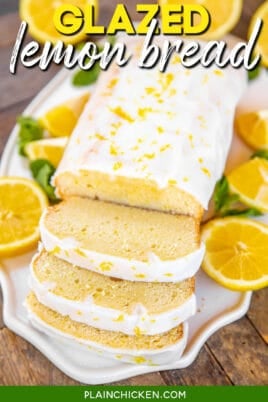 sliced glazed lemon bread on a platter with text overlay