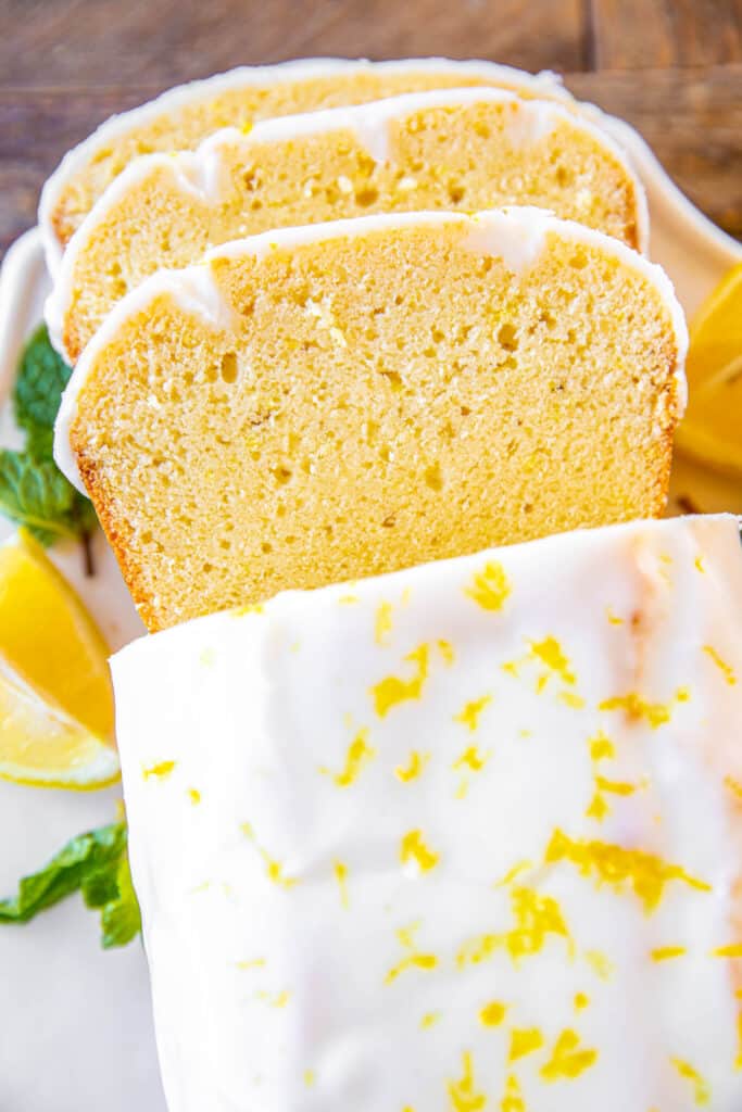 slices of glazed lemon bread on a platter