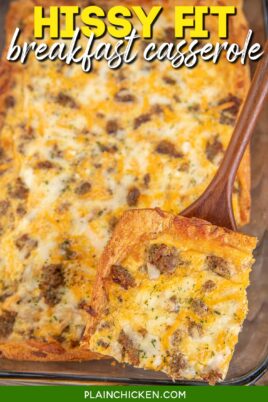 slice of sausage hissy fit breakfast casserole on a spatula with text overlay
