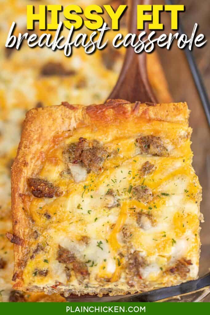 slice of sausage breakfast casserole on a spatula with text overlay
