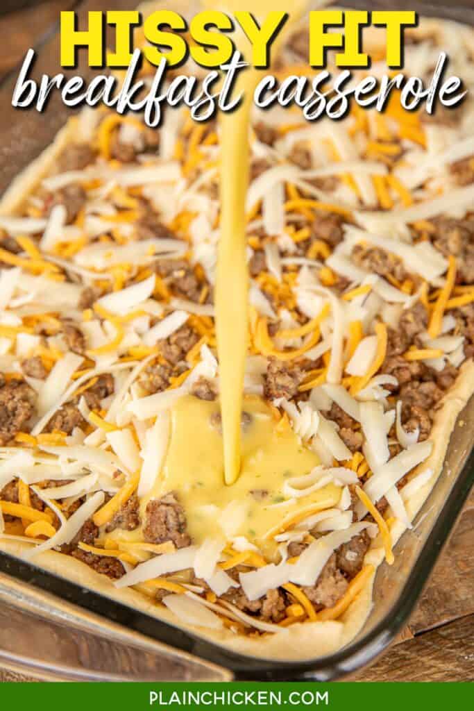 pouring milk and eggs over sausage and cheese in baking dish with text overlay