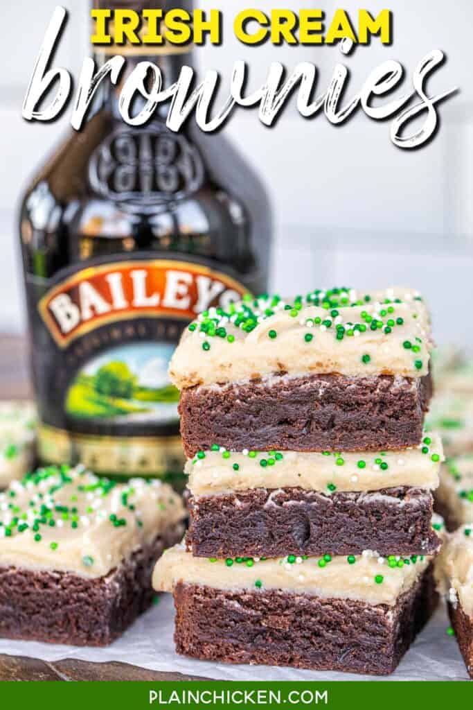 3 stacked frosted irish cream brownies with text overlay