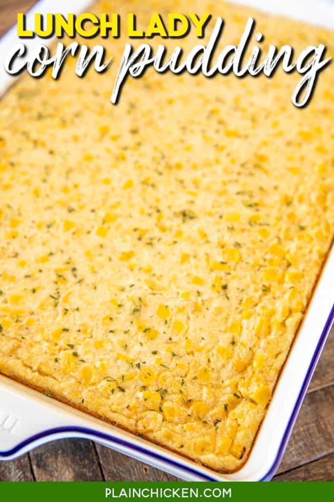 corn casserole in baking dish with text overlay