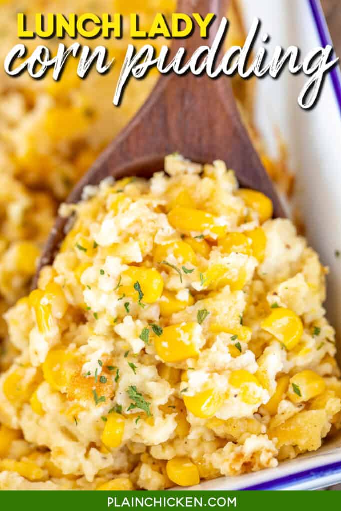 scooping corn casserole from baking dish with text overlay