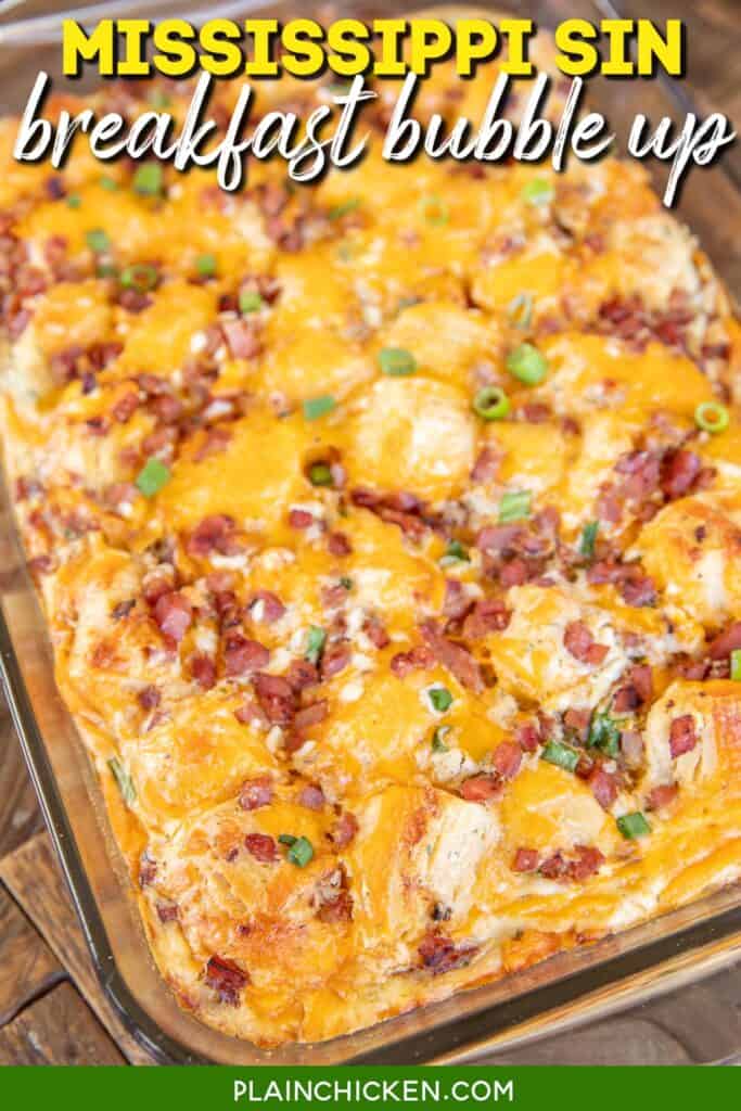 ham and cheese biscuit casserole in a baking dish with text overlay
