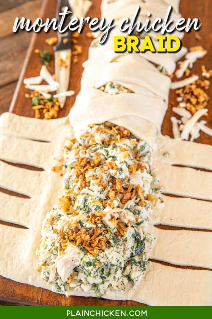 assembling cheesy chicken and spinach braid with text overlay